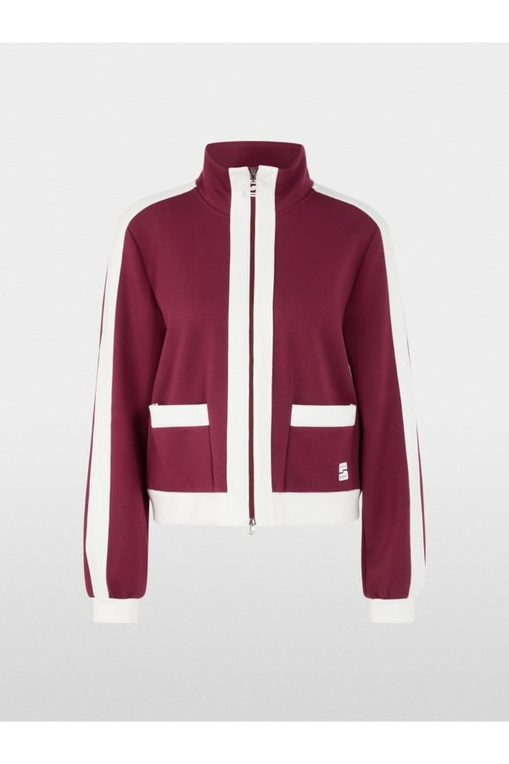 Veste en jersey ample avec fermeture éclair et bandes contrastées, col montant et poches latérales, design classique confortable.