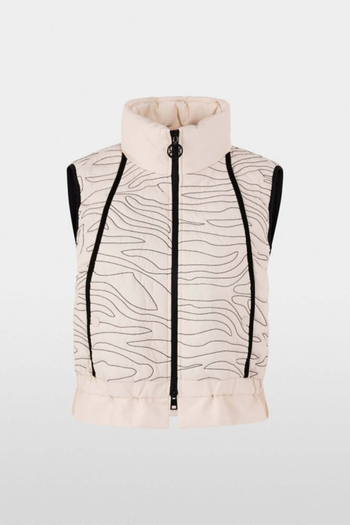 Veste matelassée avec surpiqûres ondulées et ceinture élastique, col montant, poches latérales, fermeture éclair pour chaleur et style moderne.