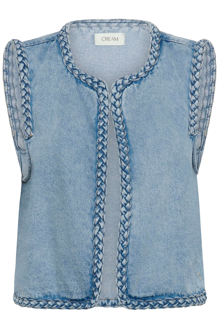 Veste sans manches Rina en denim avec bordure tressée, style bohème, pour superposer vos tenues élégamment, confort assuré.