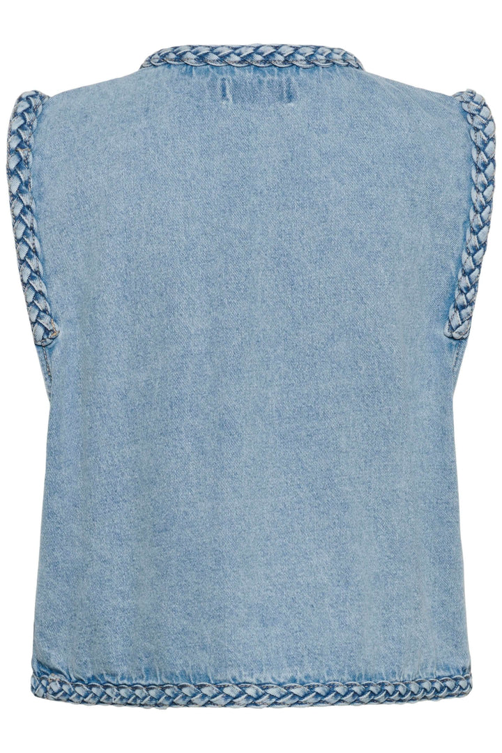 Veste sans manches Rina en denim avec bordure tressée vue de dos, mettant en valeur le design artisanal et le denim léger.