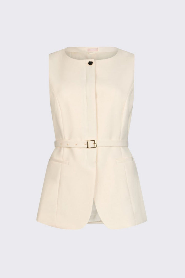 Veste sans manches avec ceinture, élégante et structurée, avec encolure ronde et ceinture ajustable, idéale pour look moderne.