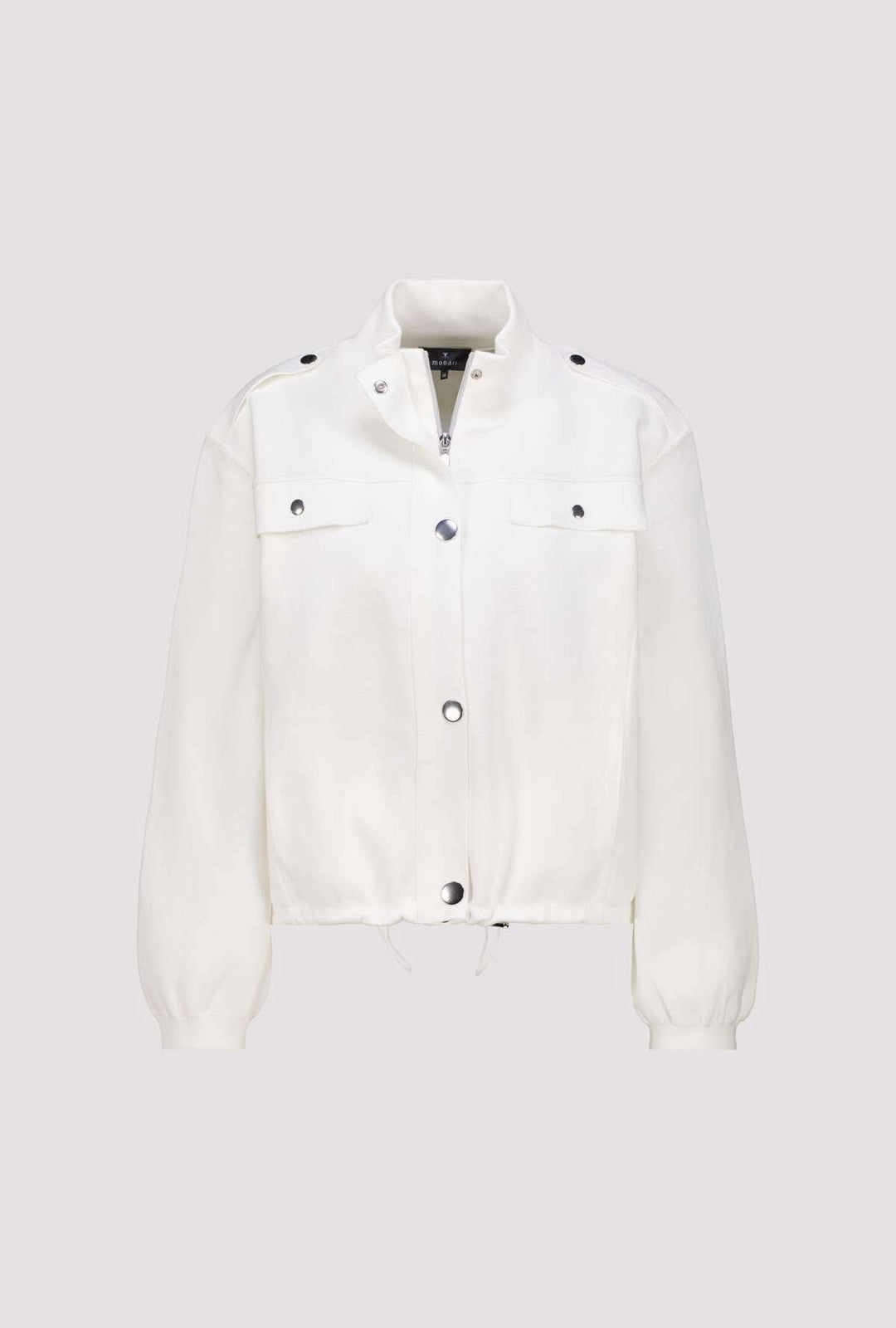 Veste structurée à col montant blanche, coupe courte élégante et moderne, idéale pour structurer la silhouette.