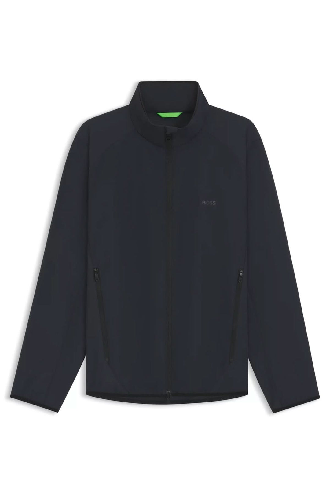 Veste urbaine légère avec col montant, fermeture éclair, tissu déperlant, coupe ajustée et finition mate.