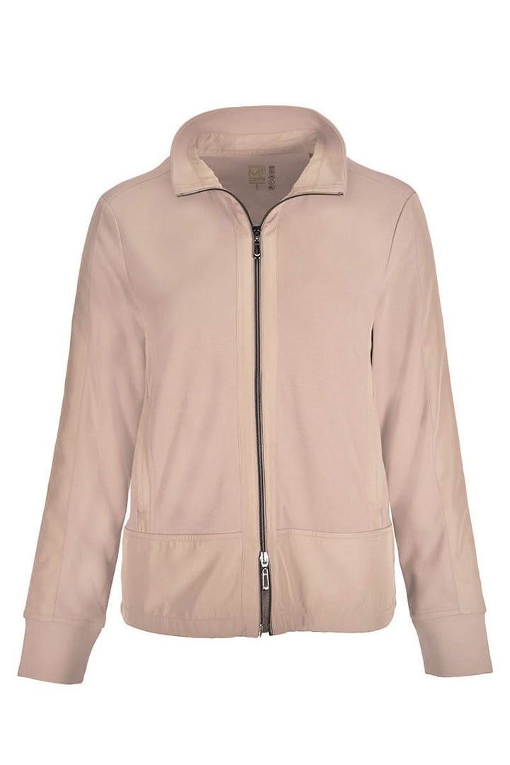 Veste zippée manches longues, coupe droite, col montant, couleur beige, fermeture éclair frontale, manches longues, style moderne.