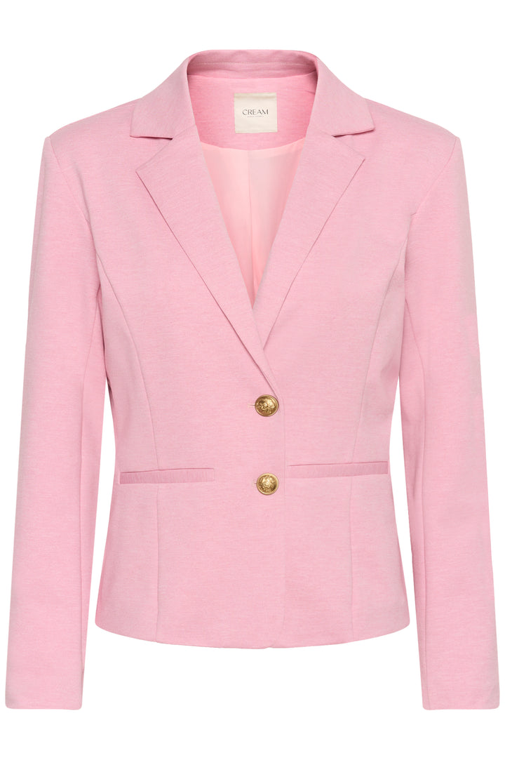 Veston Anett structuré rose avec boutons dorés, coupe ajustée et col à revers, élégant pour tenues professionnelles et habillées.
