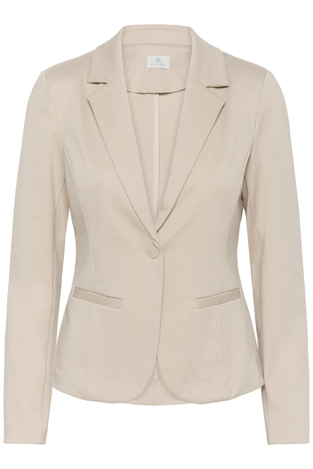 Veston Jenny beige élégant avec coupe ajustée et col tailleur, idéal pour un style soigné et féminin.