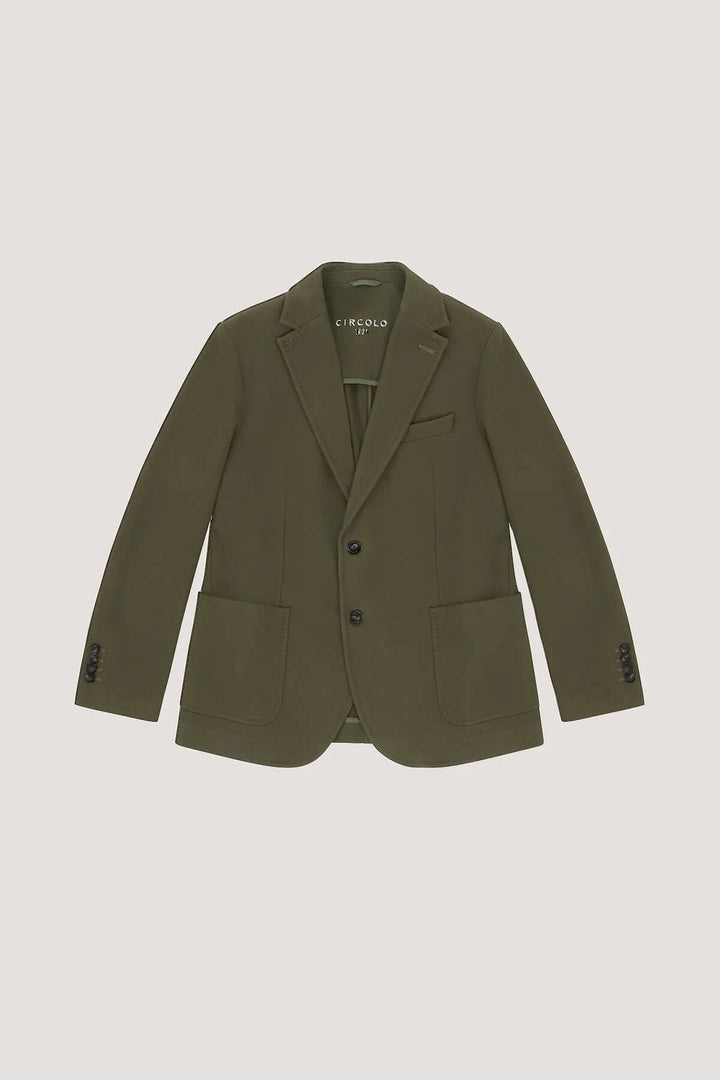 Veston extensible de coton doux avec col à revers et boutons en corne, teinte verte, élégance moderne et confort décontracté.