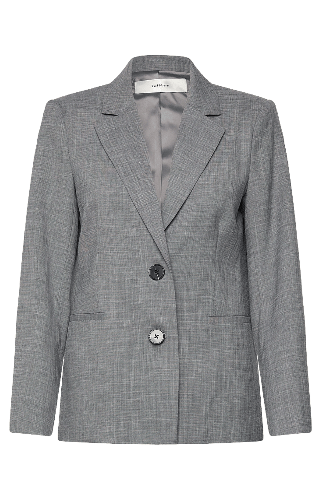 Veston tailleur structurée Cadie en gris, coupe droite élégante avec deux boutons, parfait pour tenue professionnelle ou décontractée.