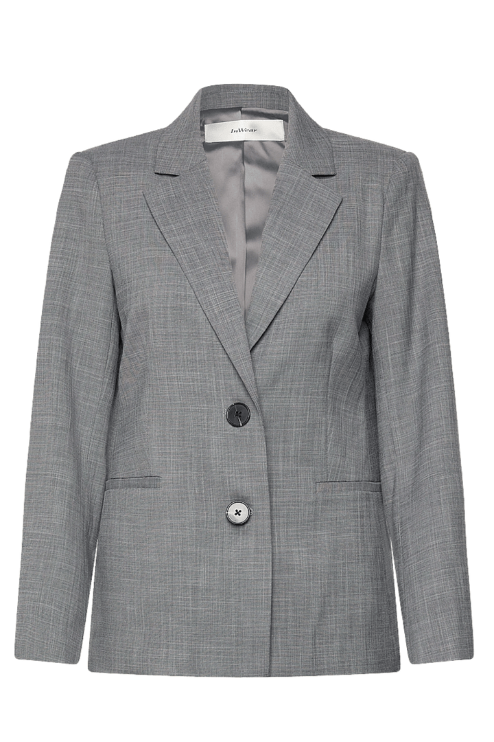 Veston tailleur structurée Cadie en gris, coupe droite élégante avec deux boutons, parfait pour tenue professionnelle ou décontractée.