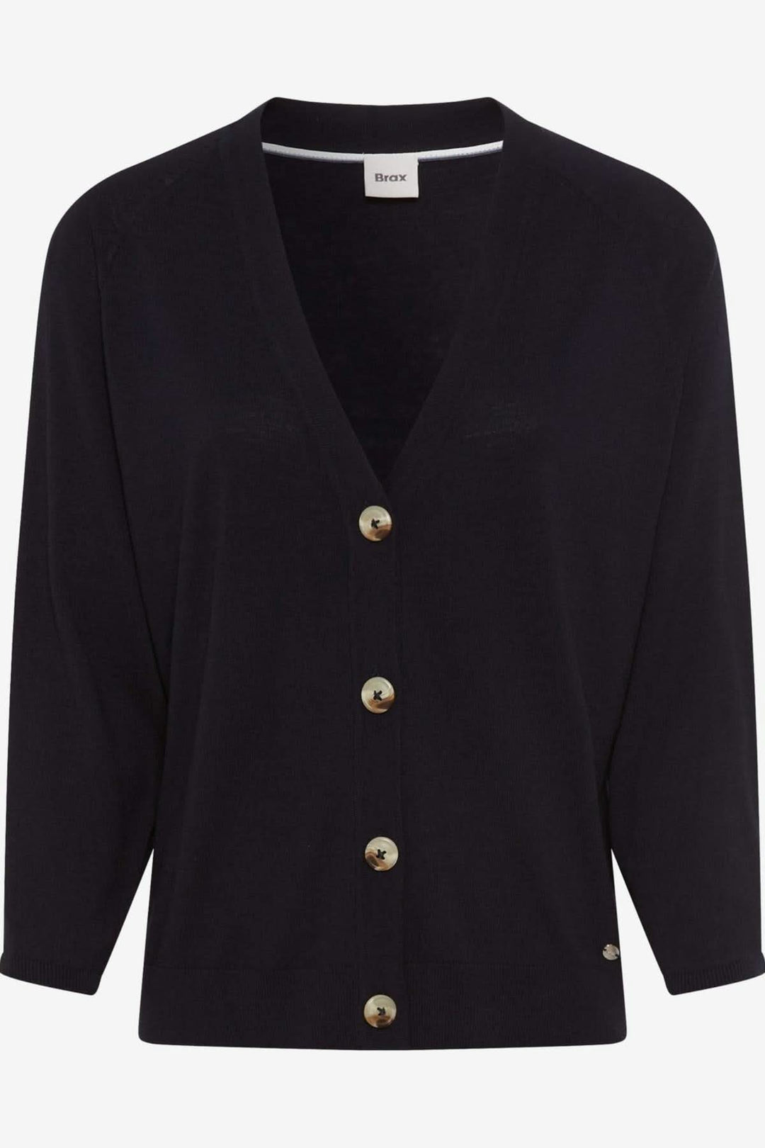 Cardigan Anique noir à encolure V profonde et boutons dorés, style décontracté et élégant.
