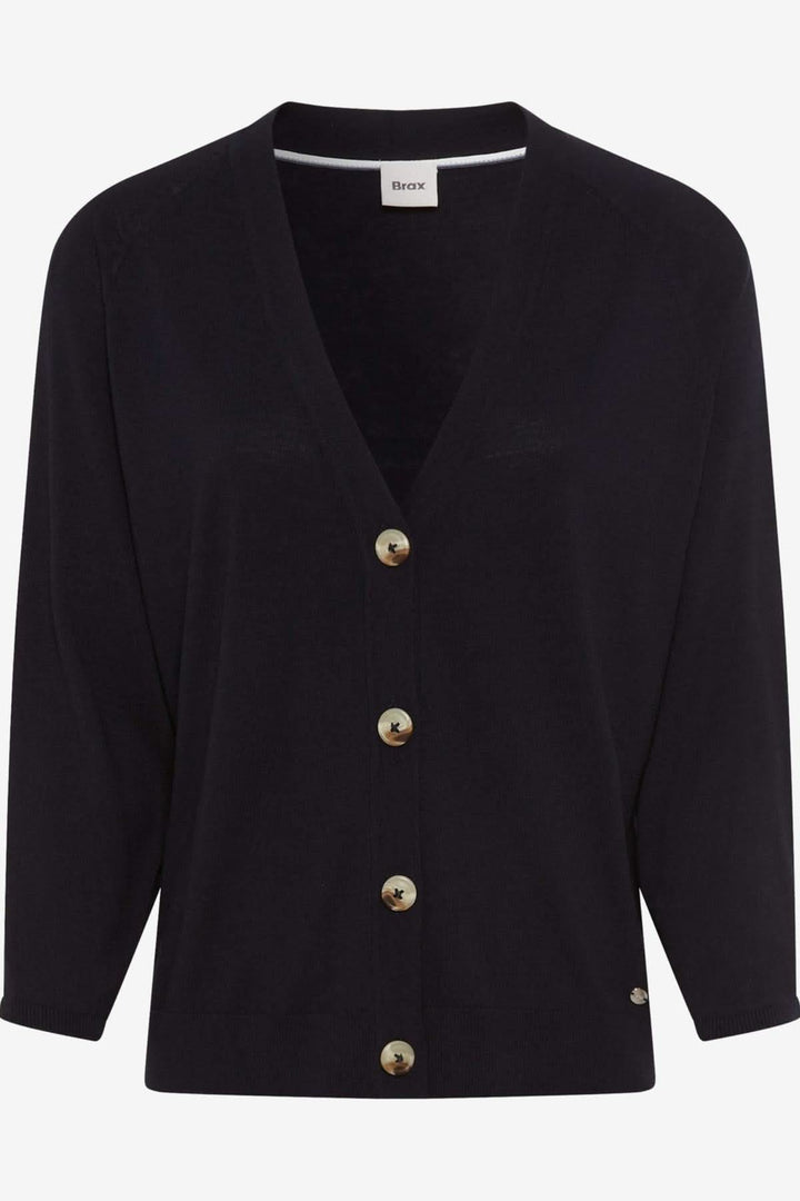 Cardigan Anique noir à encolure V profonde et boutons dorés, style décontracté et élégant.