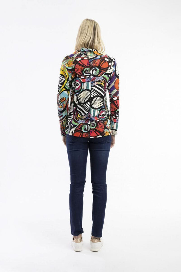 Abstract print draped collar sweater