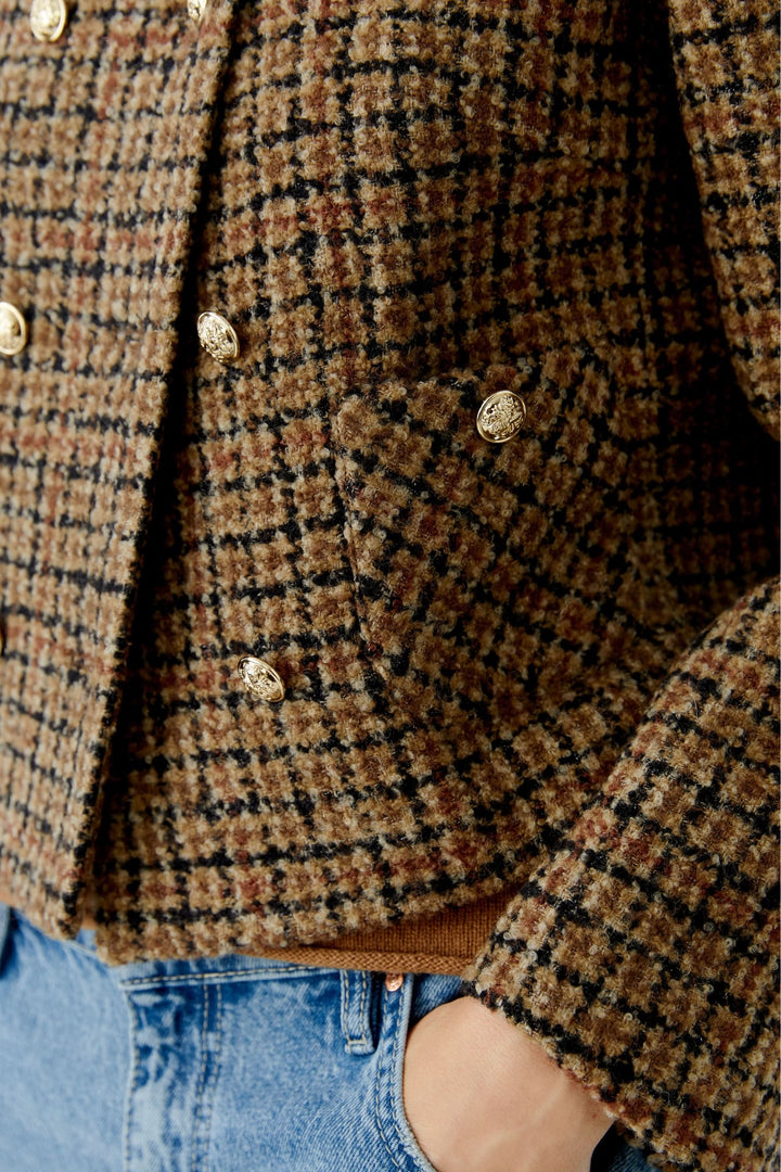 Short plaid jacket with gold buttons