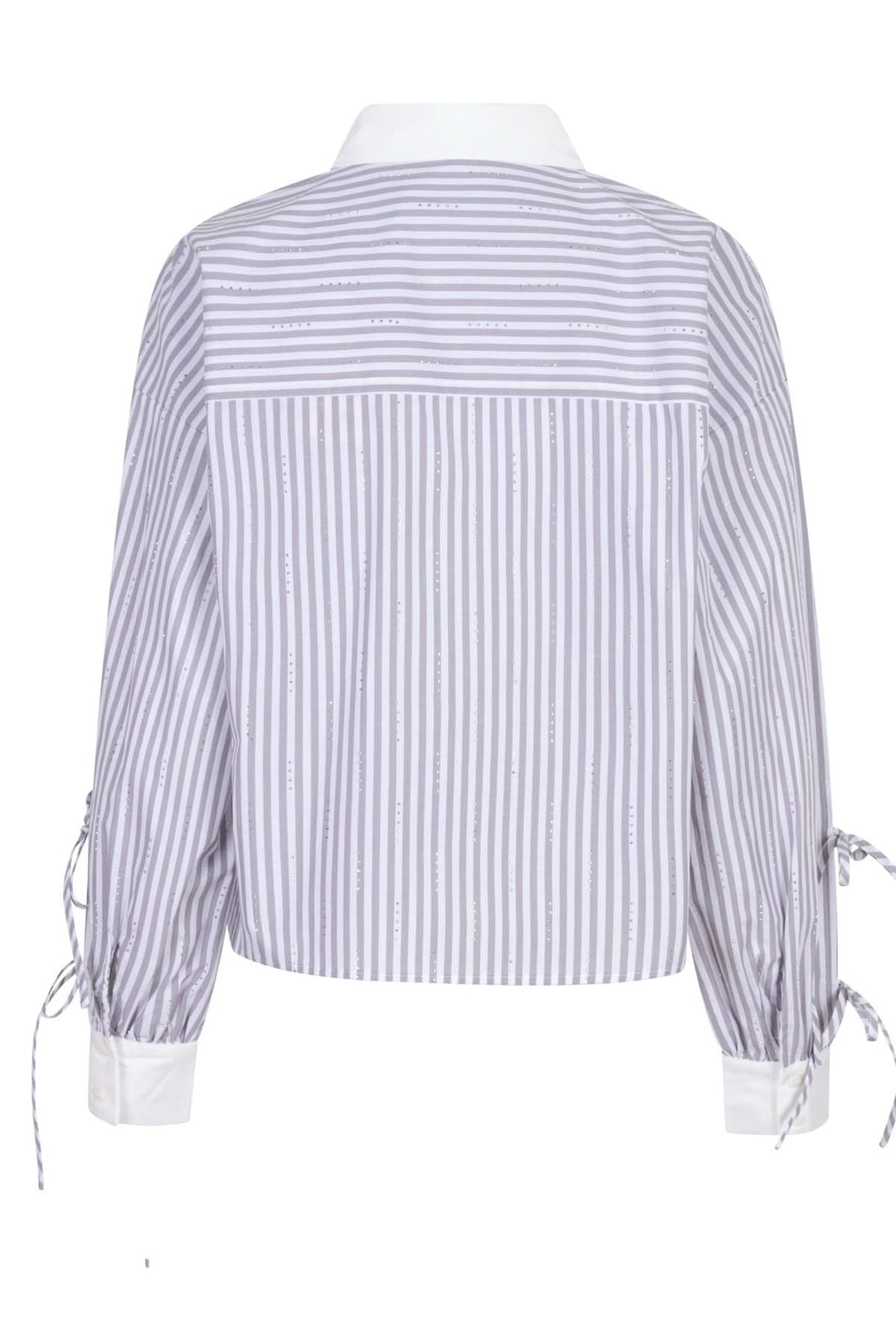Chemise rayée féminine avec col blanc et nœuds aux manches, vue arrière sur fond blanc.