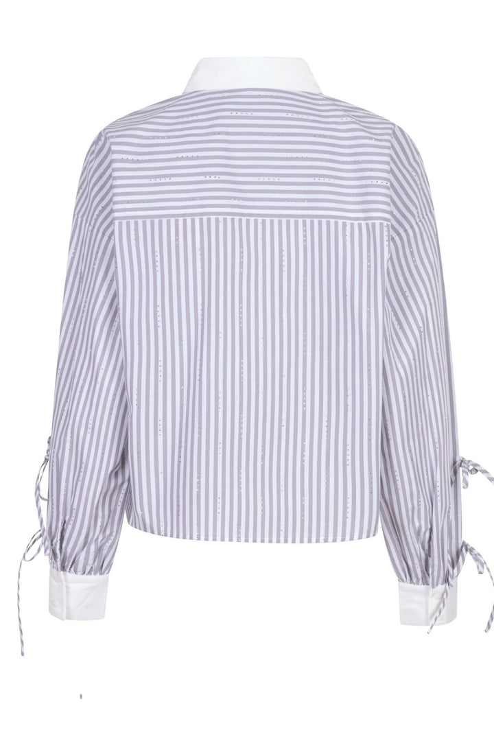 Chemise rayée féminine avec col blanc et nœuds aux manches, vue arrière sur fond blanc.