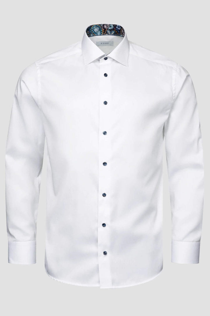 White shirt with print on collar and cuff