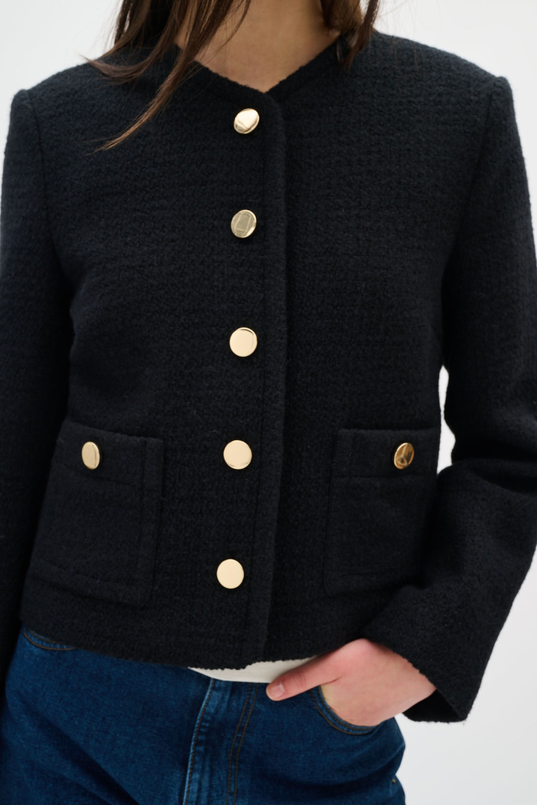 Short textured jacket with gold buttons