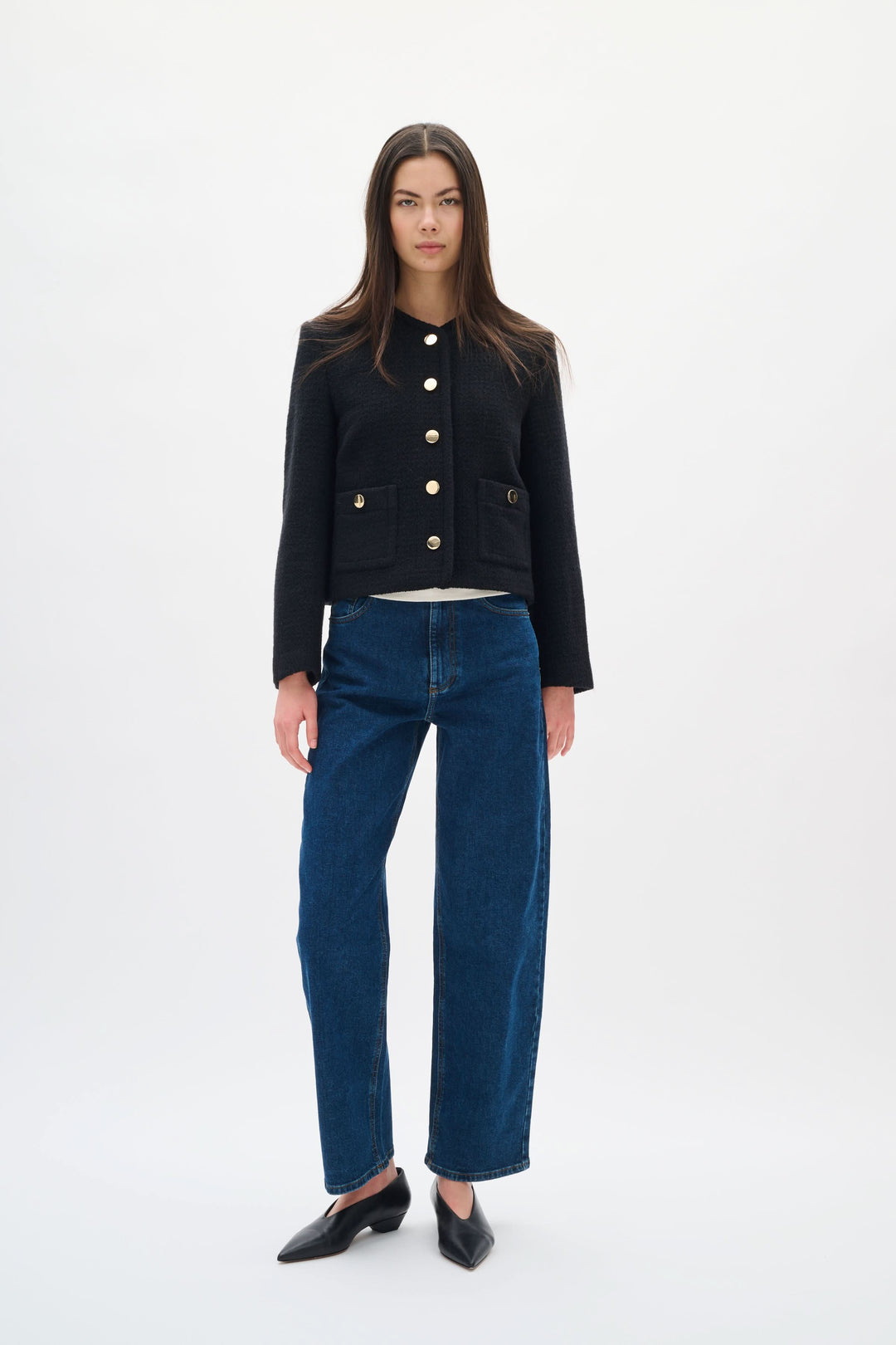 Short textured jacket with gold buttons