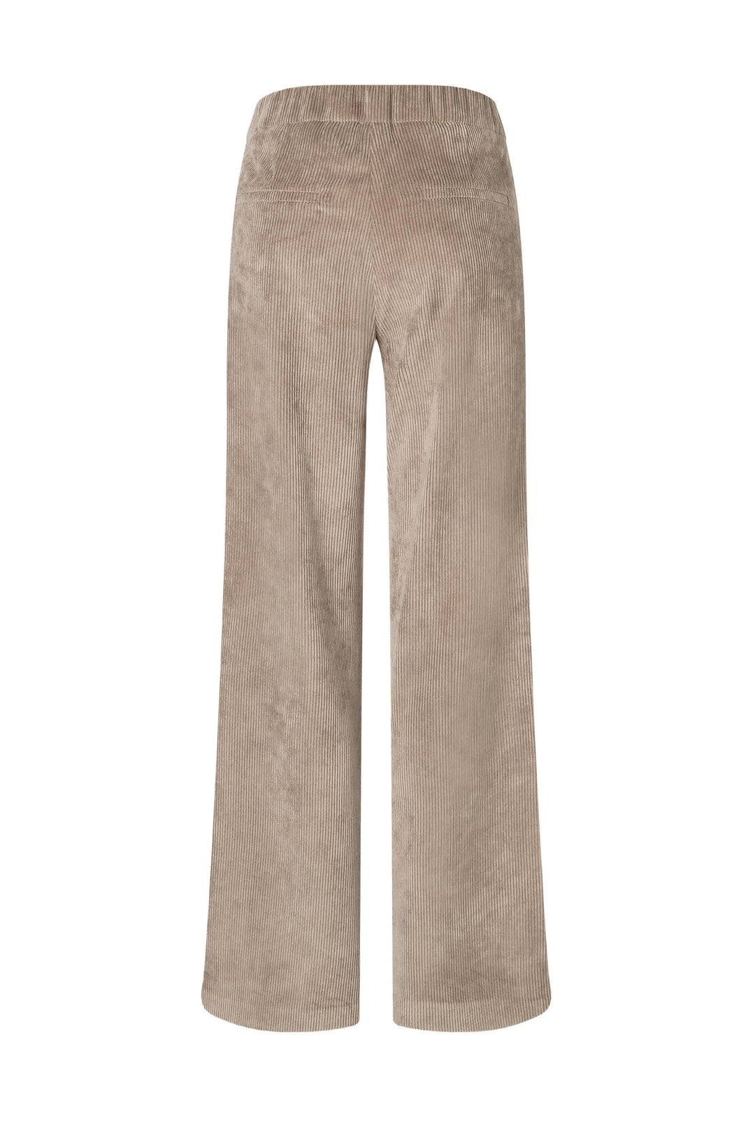 Pantalon en velours côtelé beige à jambe large avec taille élastique, idéal pour un look automnal chic.
