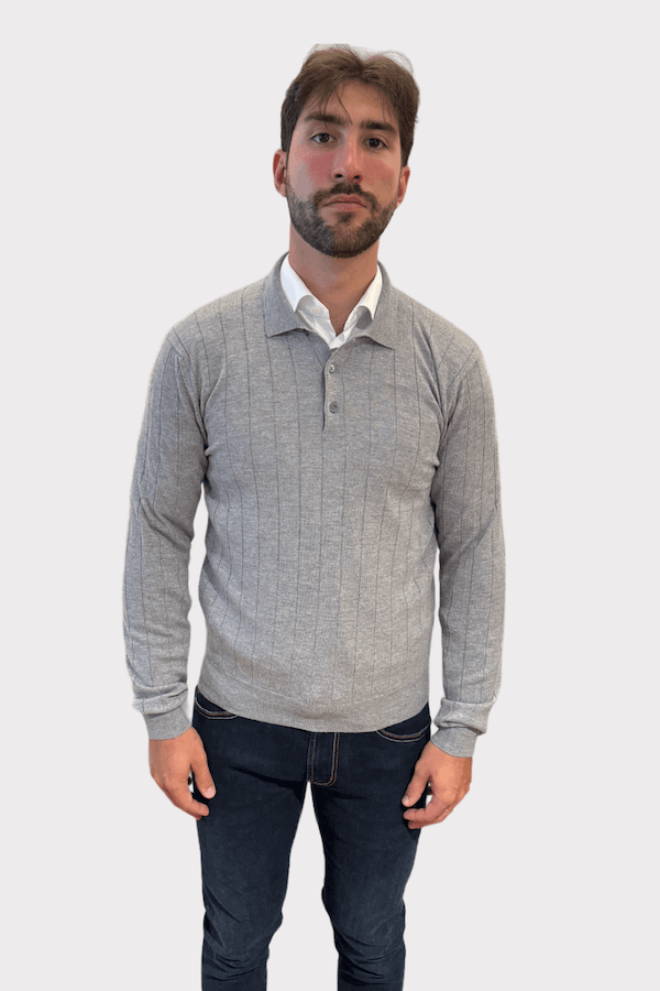 Grey sweater with button collar in fine wool