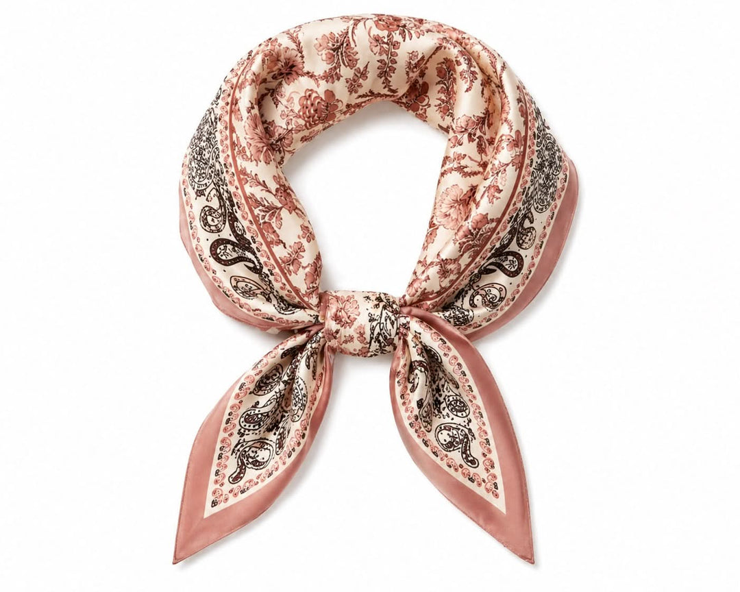 Foulard carré imprimé avec motifs floraux et décoratifs, élégant et soyeux, dimensions 53x53 cm, idéal pour cou, cheveux ou sac.