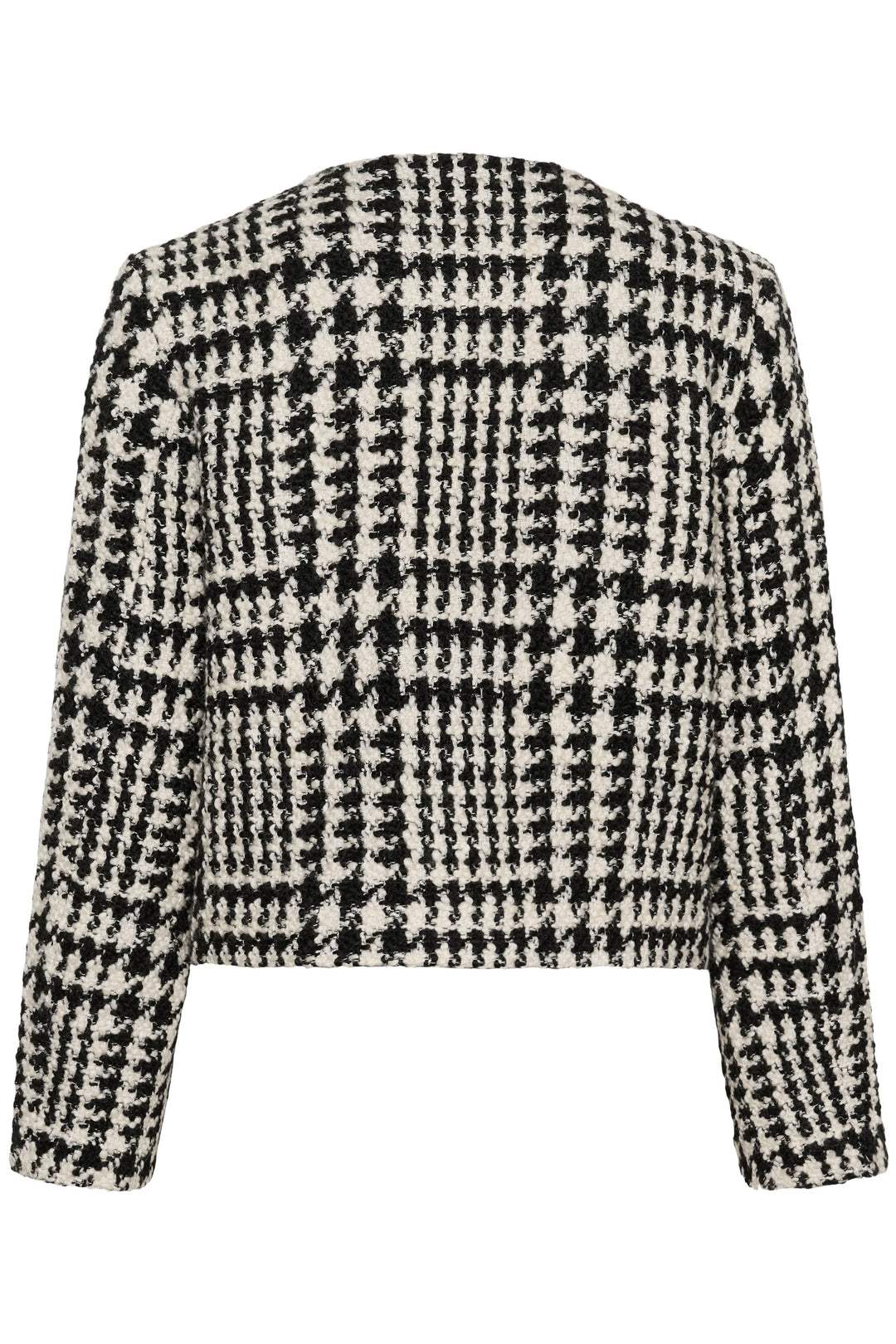 Veste courte à motif pied-de-poule, dos avec structure élégante en tissu texturé, parfaite pour un look chic.