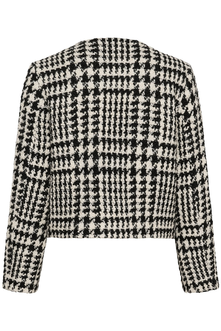 Veste courte à motif pied-de-poule, dos avec structure élégante en tissu texturé, parfaite pour un look chic.