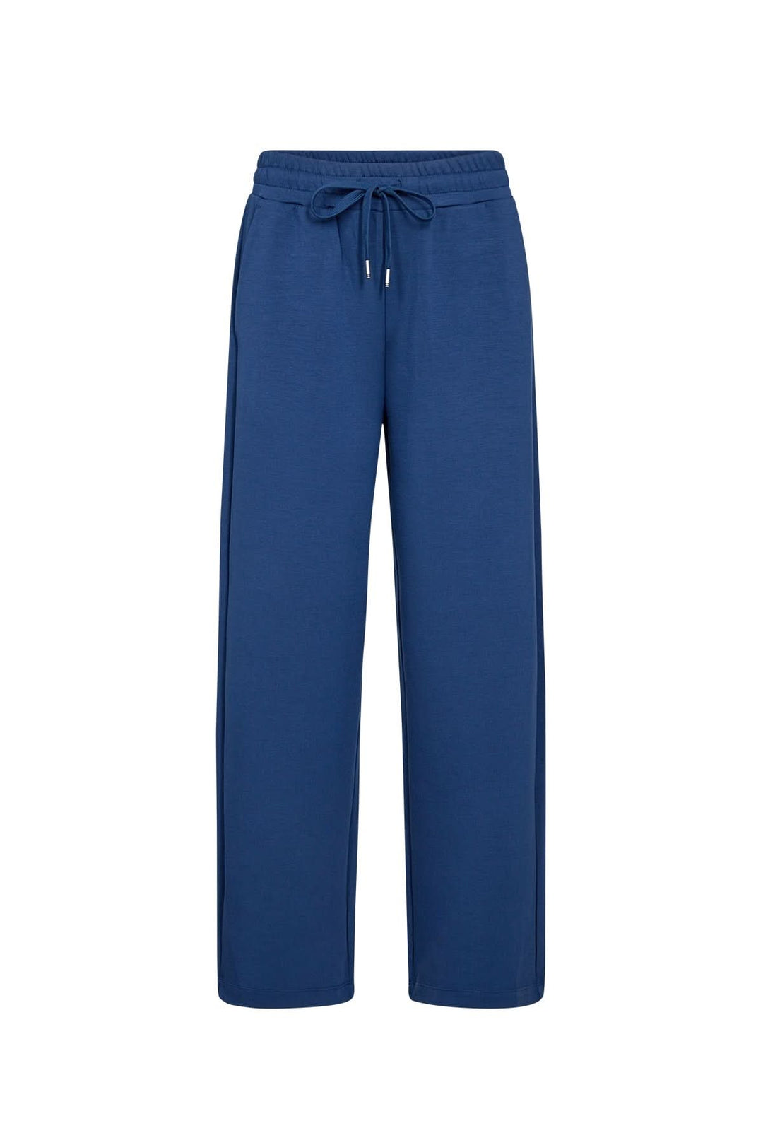 Pantalon à jambe large bleu avec cordon et taille élastique, alliant confort et élégance.