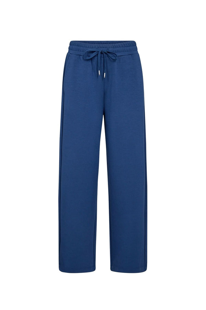 Pantalon à jambe large bleu avec cordon et taille élastique, alliant confort et élégance.