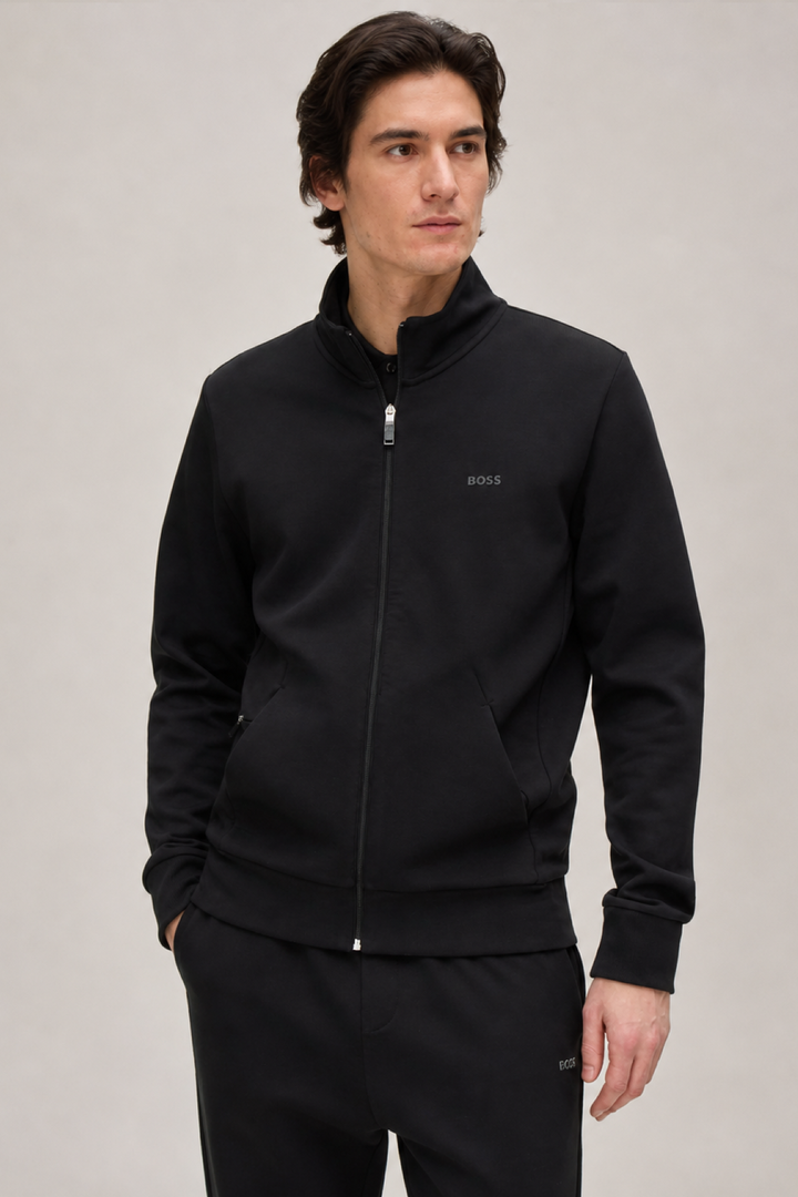 Zip-up jacket with a high collar