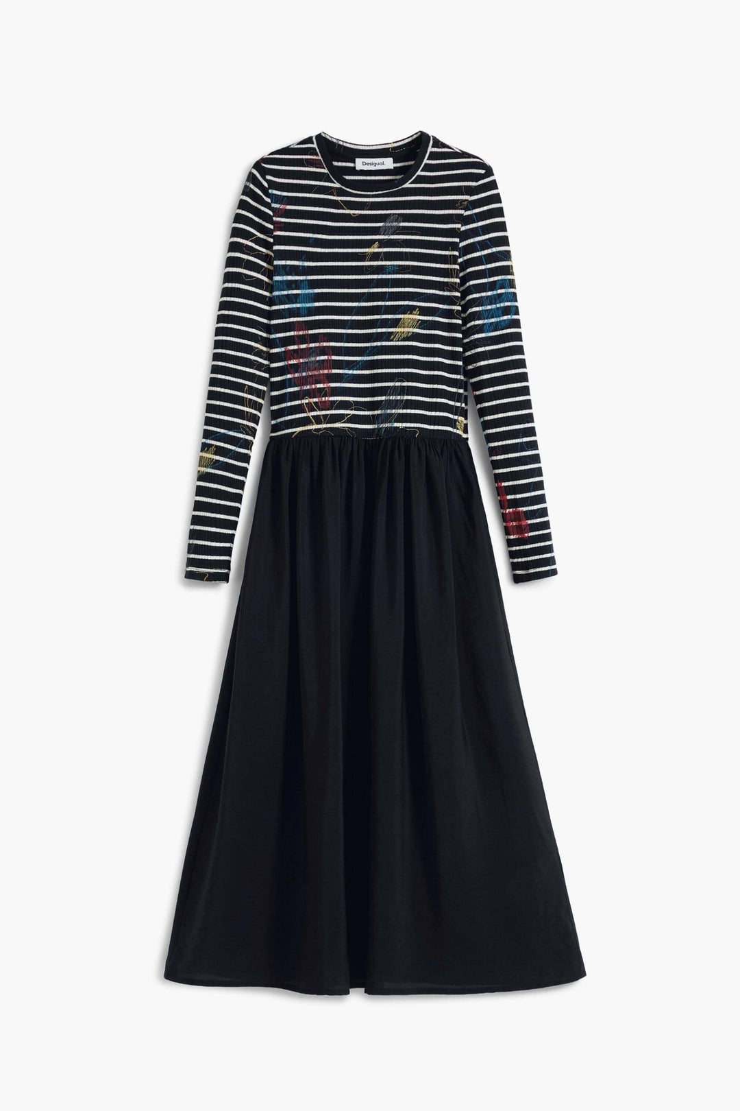 Robe midi à rayures, manches longues, jupe fluide unie, encolure ronde, style moderne et élégant.