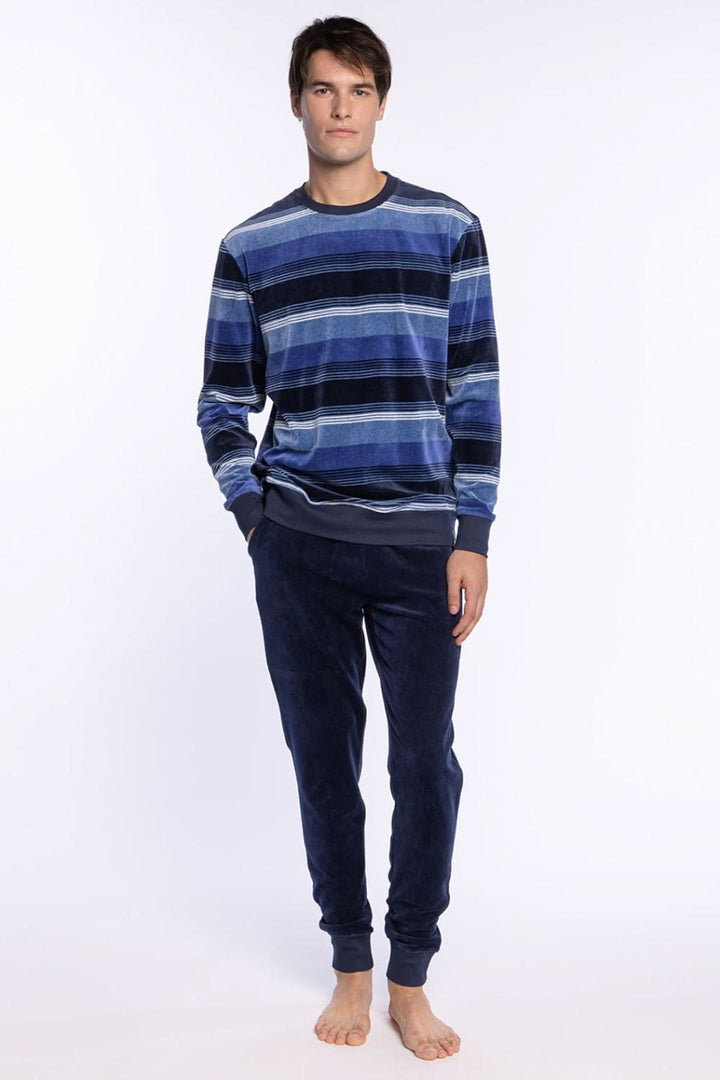 Pyjama Long en Velours de Coton à Rayures