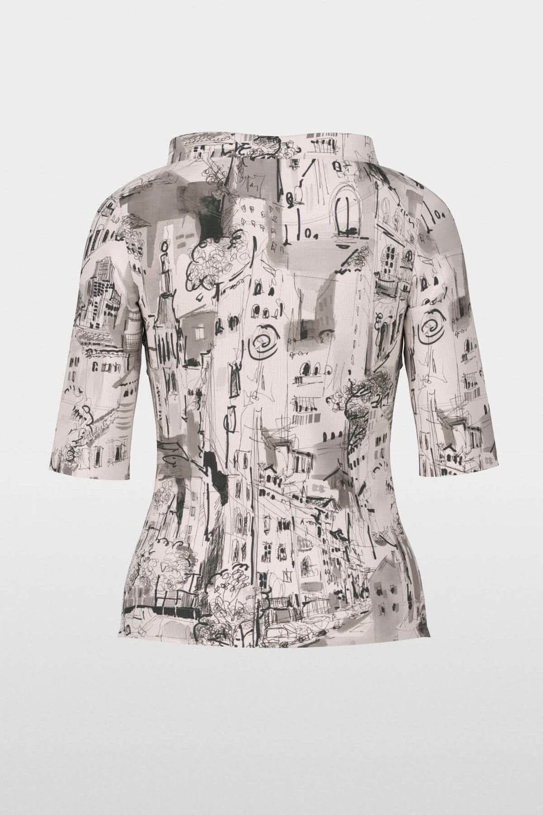 Haut avec motif CITY, style artistique avec imprimé urbain en noir et gris, manches courtes et col montant.