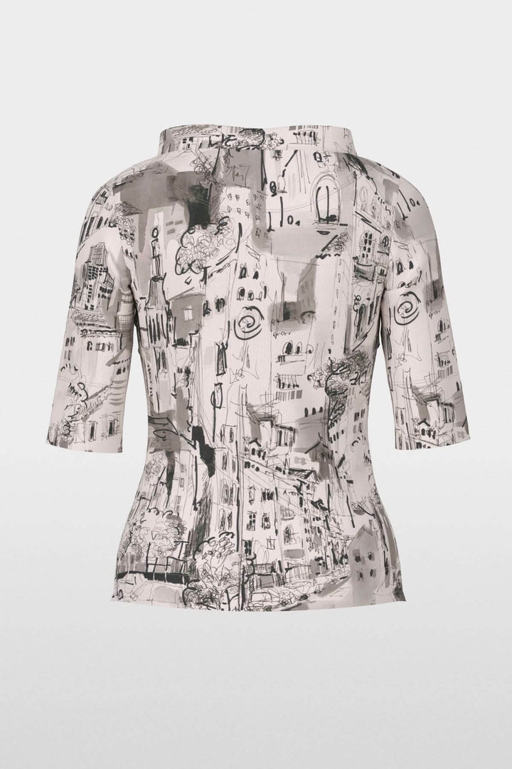 Haut avec motif CITY, style artistique avec imprimé urbain en noir et gris, manches courtes et col montant.