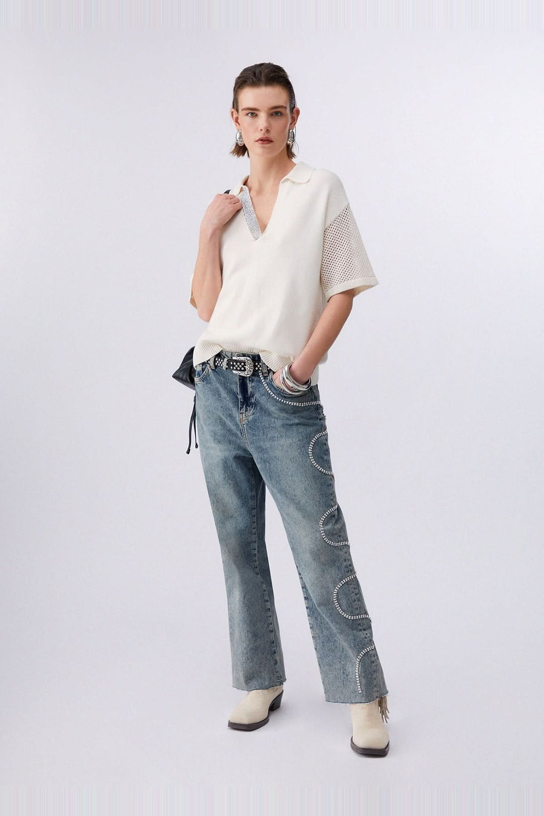 Knitted sweater with polo collar and rhinestones