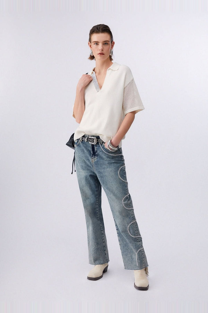 Knitted sweater with polo collar and rhinestones