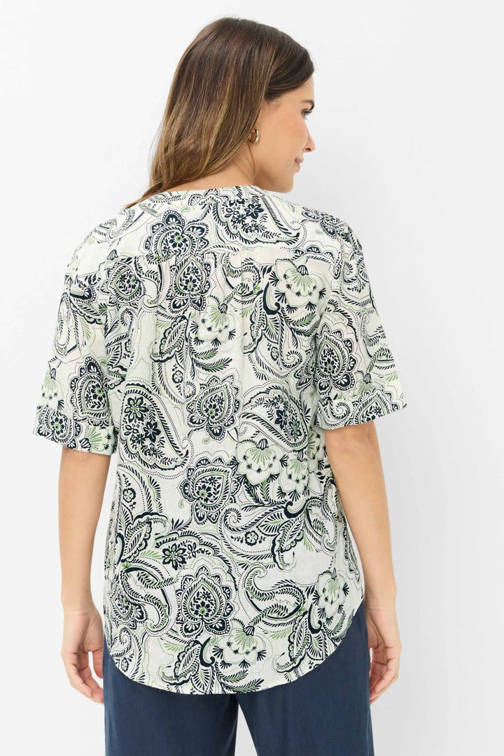 Vue de face blouse imprimée à manches courtes Brax pour femme avec motifs floraux, jaune - Valérie Simon