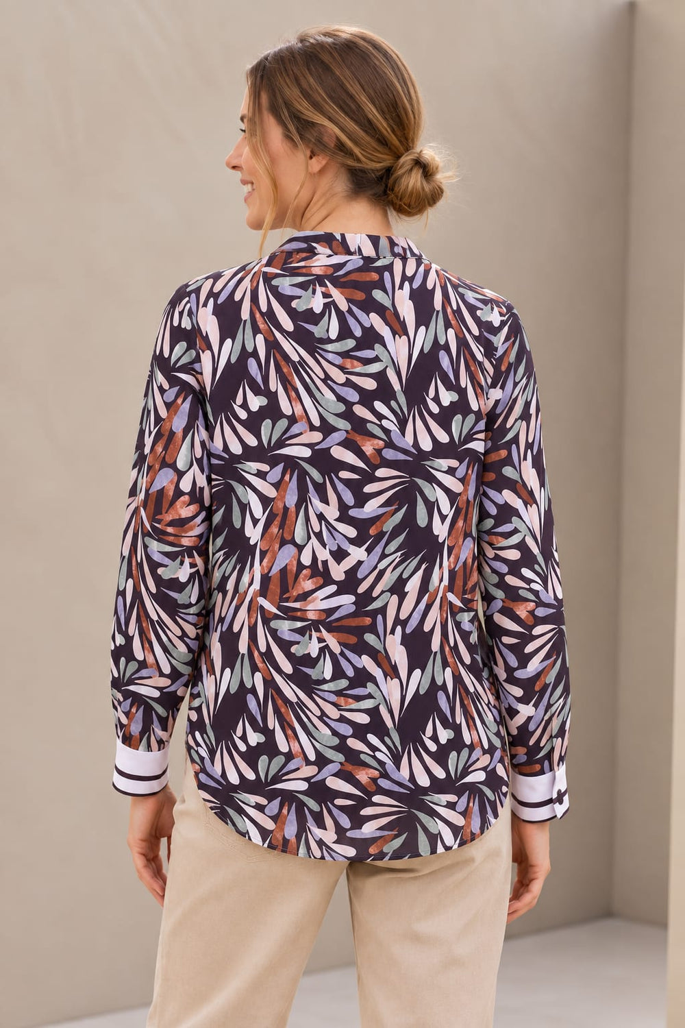 Women's long-sleeve printed blouse, front view, kennys