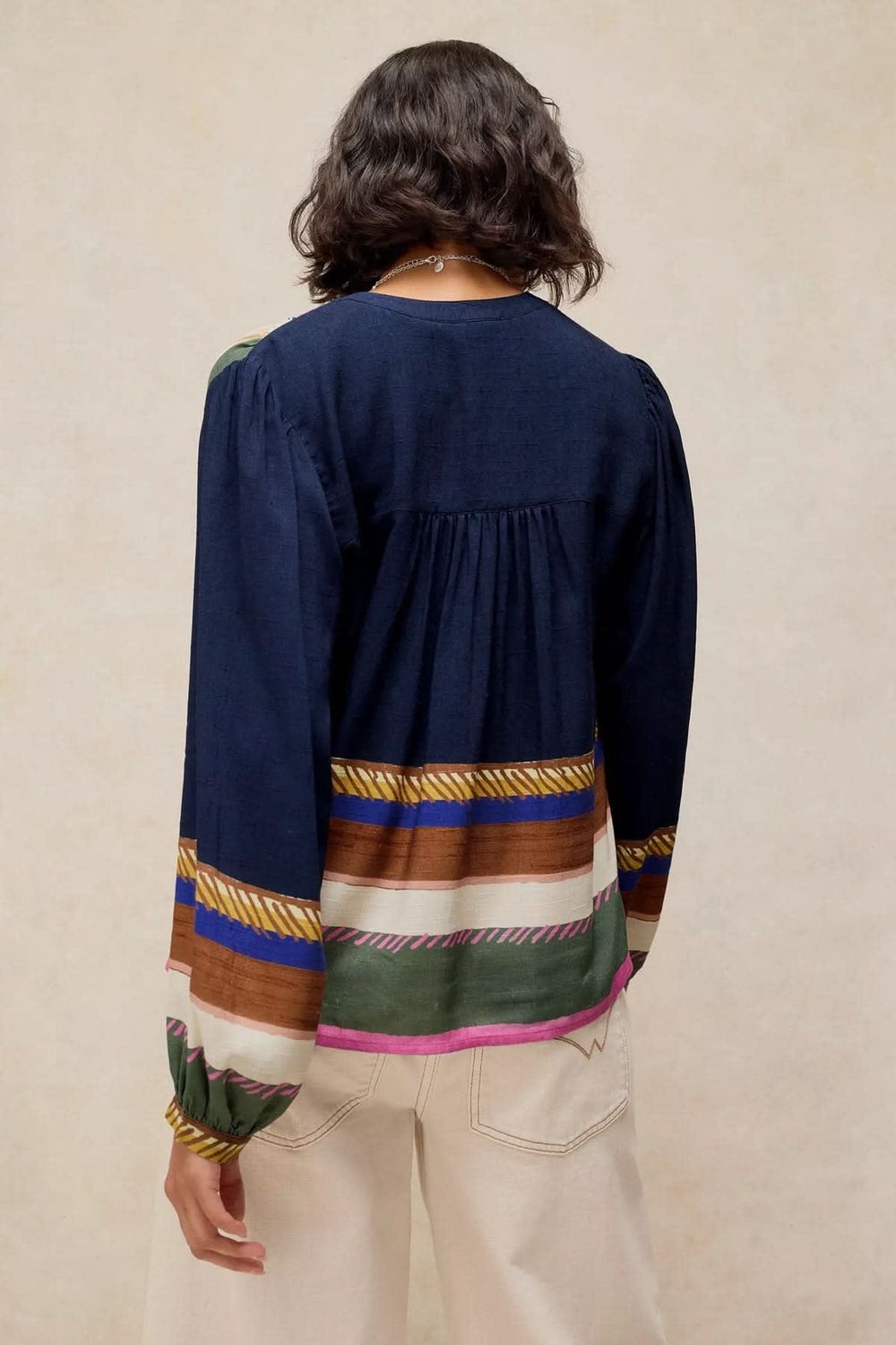 Women's Lana blouse with geometric print and split neckline, front view White Stuff