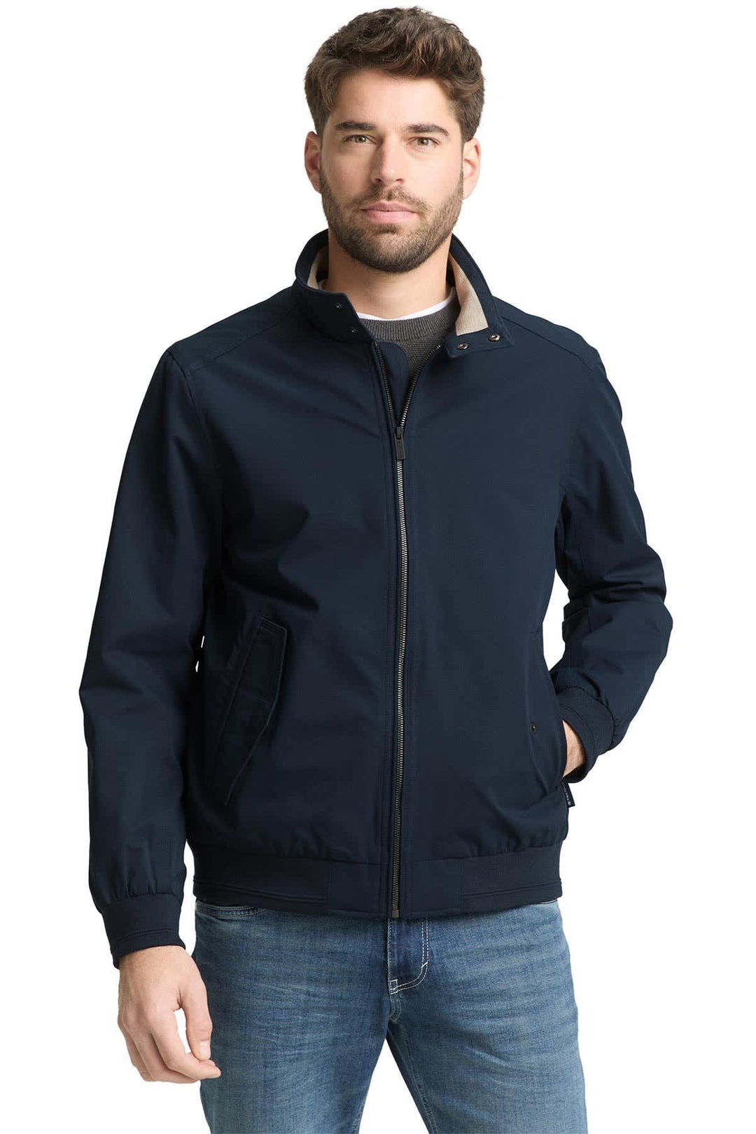 Back view of the Tom Tailor men's beige zip-up jacket with a high collar - Valérie Simon