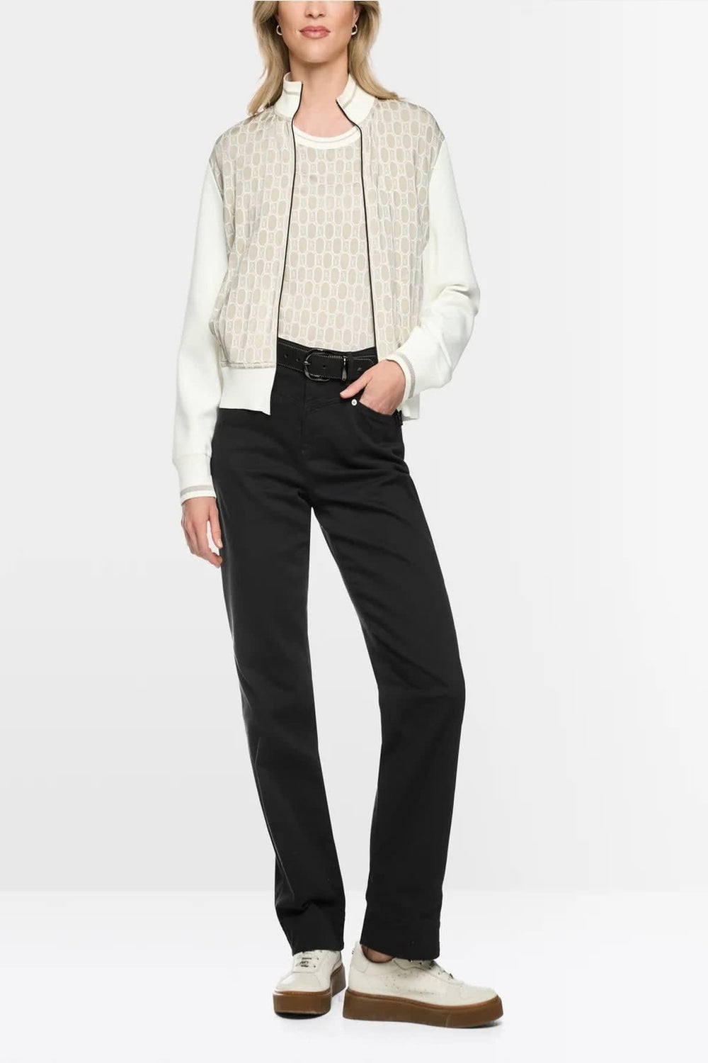 Vue de face blouson jacquard Marc Cain gris motifs distinctifs pour femme - Valérie Simon
