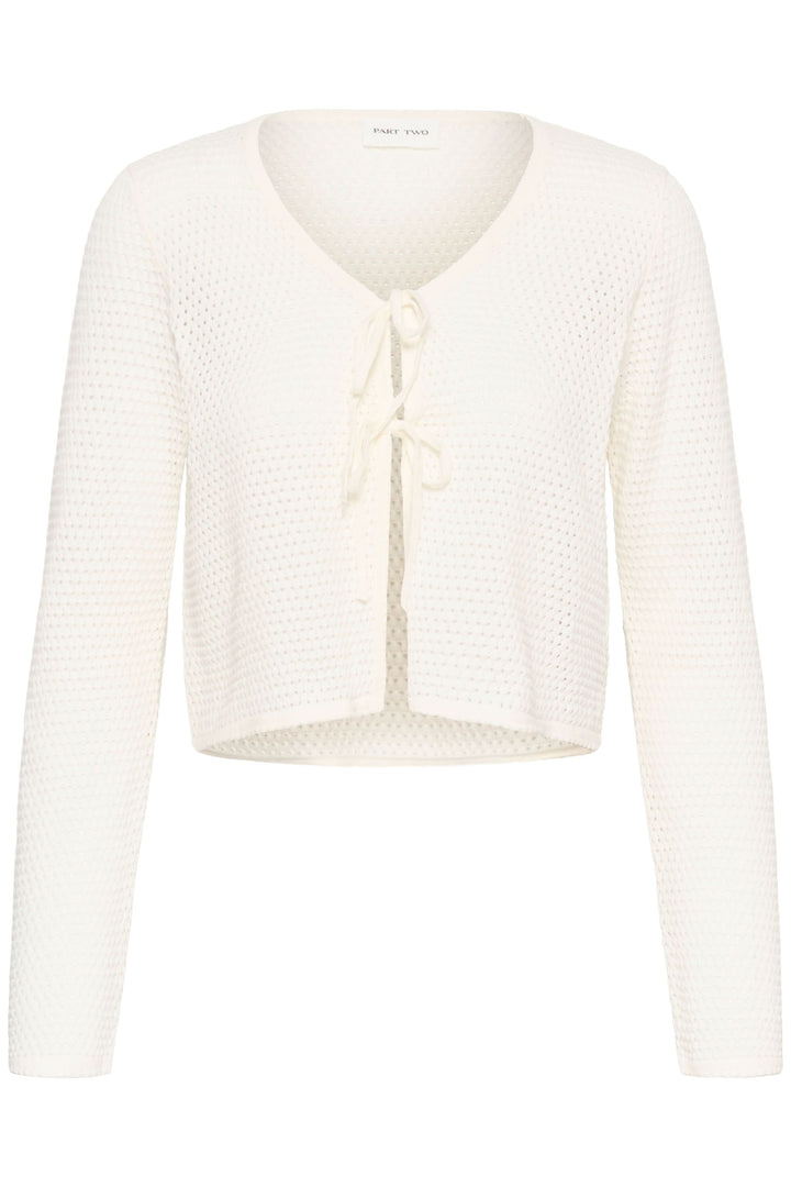 Cardigan Rosefina en maille ajourée à nouer avec manches longues et fermeture à nouer.