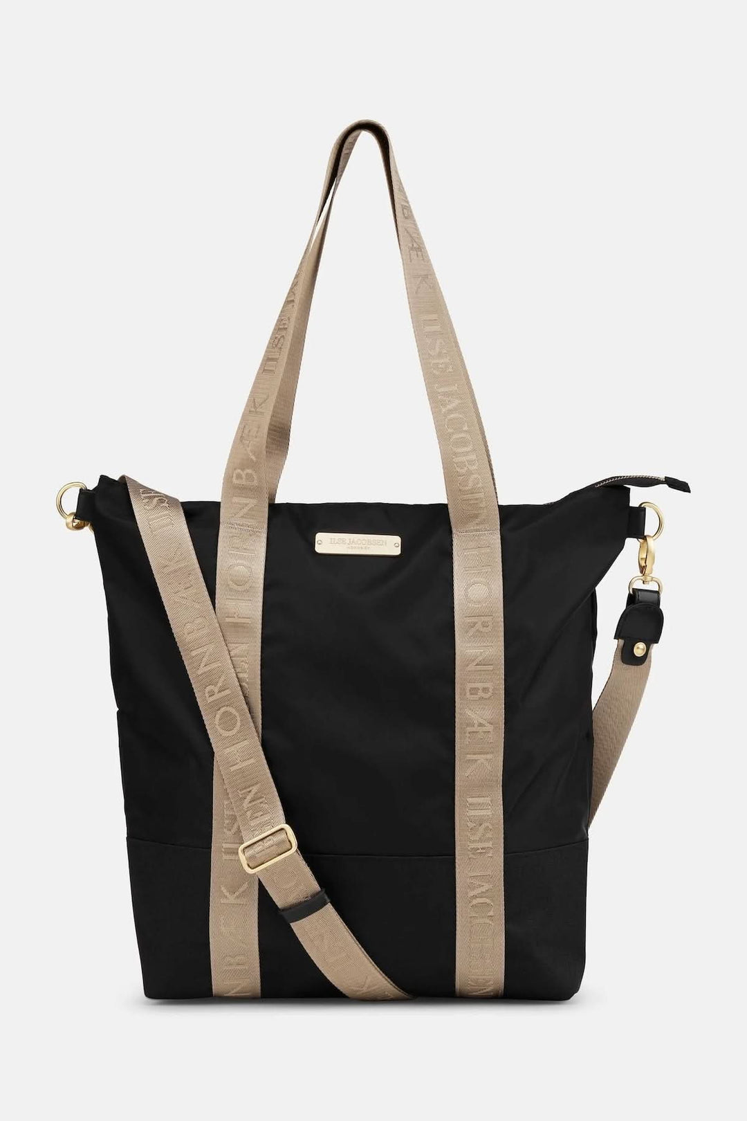 Sac Cabas à main en nylon avec bandoulière ajustable, fond robuste, sangles logotées, poche intérieure, fermeture éclair YKK.