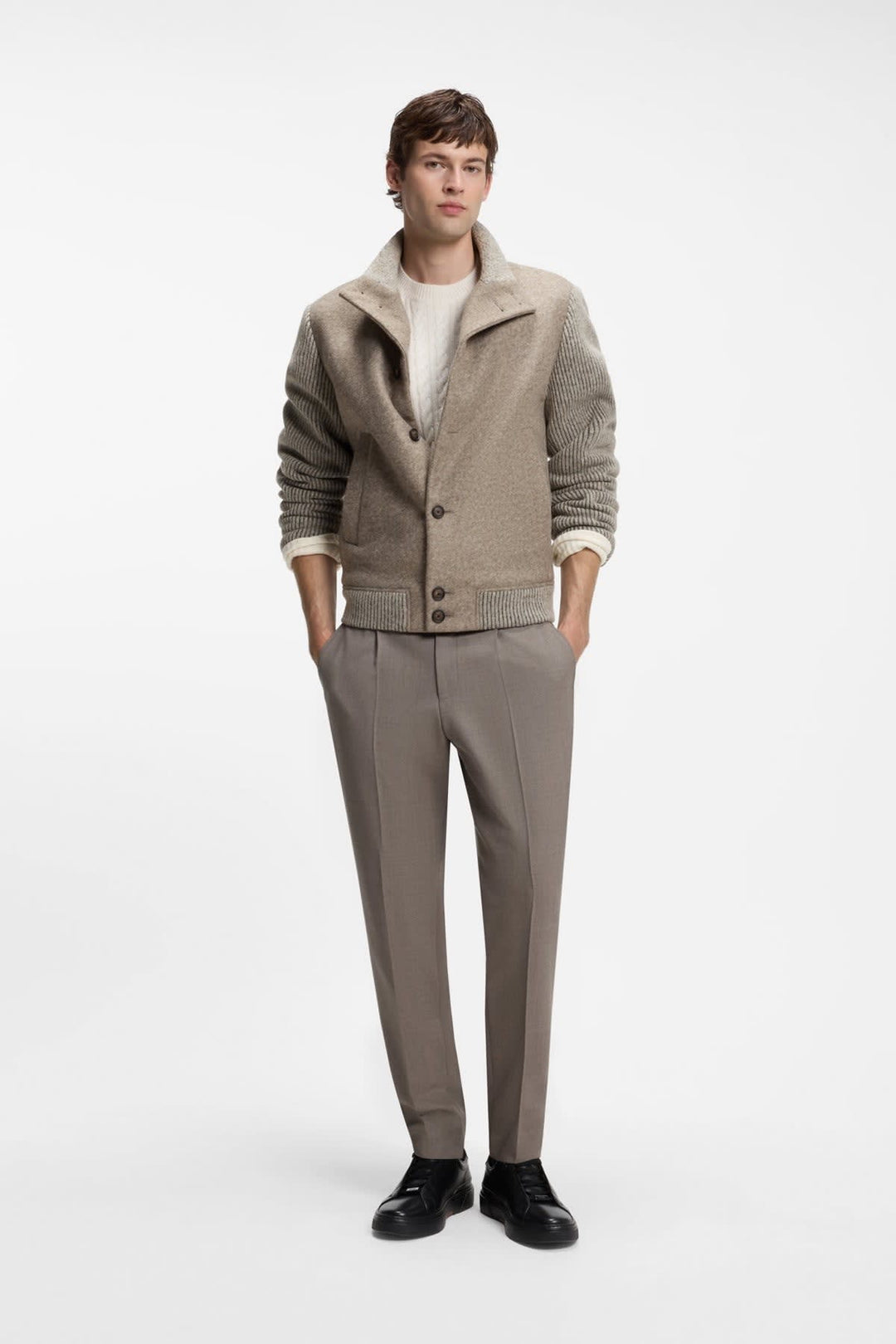 Blouson hybride noir à col montant vue de face pour homme Hugo Boss