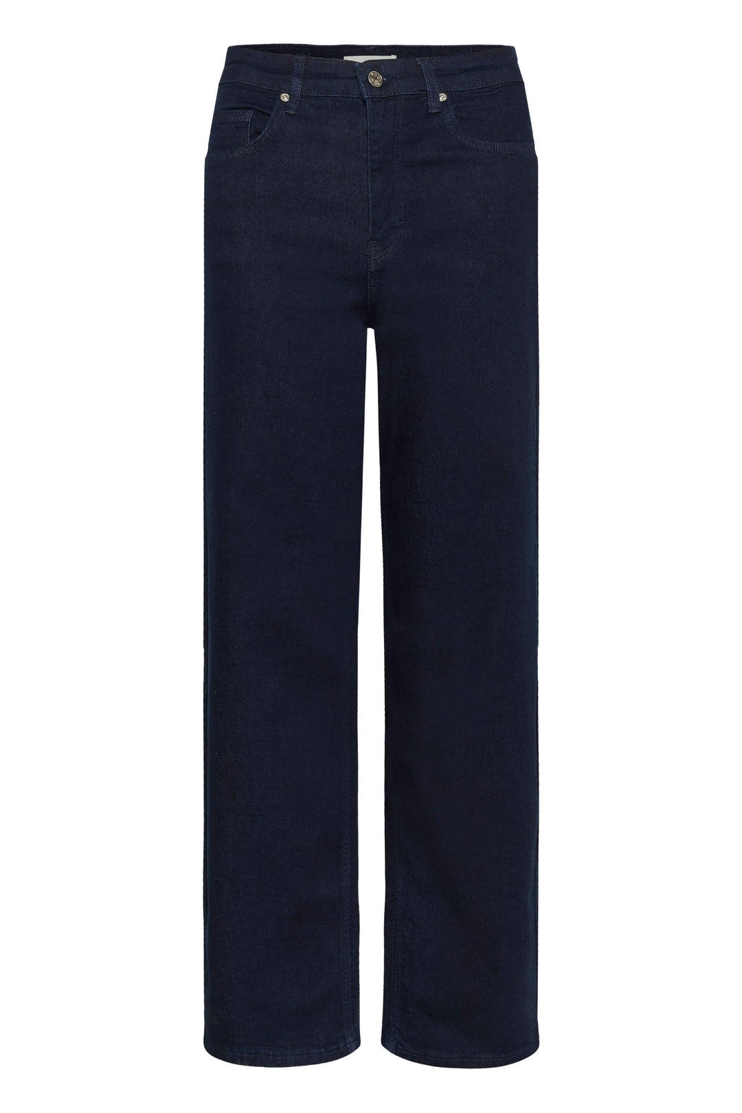 Jean Simona en denim foncé, taille mi-haute, coupe droite légèrement ample, parfait pour un look décontracté ou élégant.