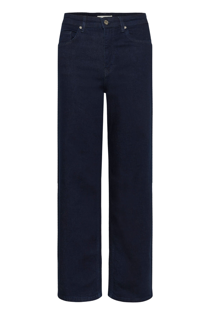 Jean Simona en denim foncé, taille mi-haute, coupe droite légèrement ample, parfait pour un look décontracté ou élégant.