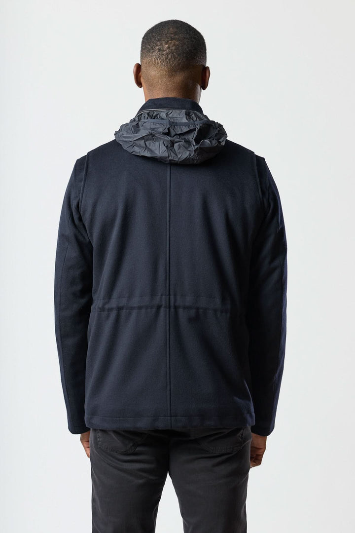 Wool jacket with four pockets, stowable hood