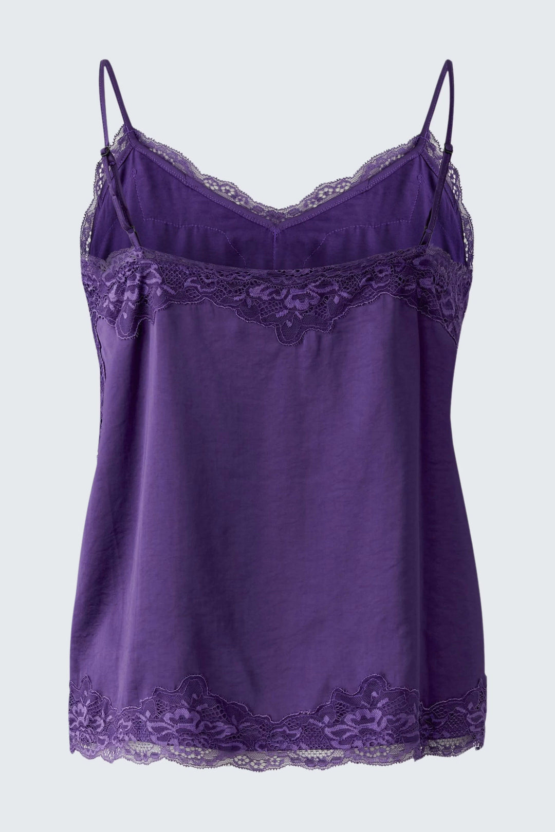 Vue de face camisole satinée à dentelle noire pour femme Oui - Valérie Simon