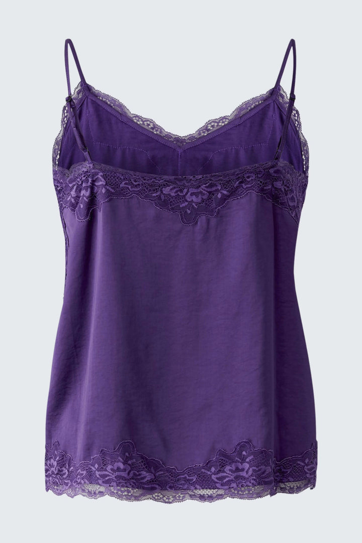 Vue de face camisole satinée à dentelle noire pour femme Oui - Valérie Simon