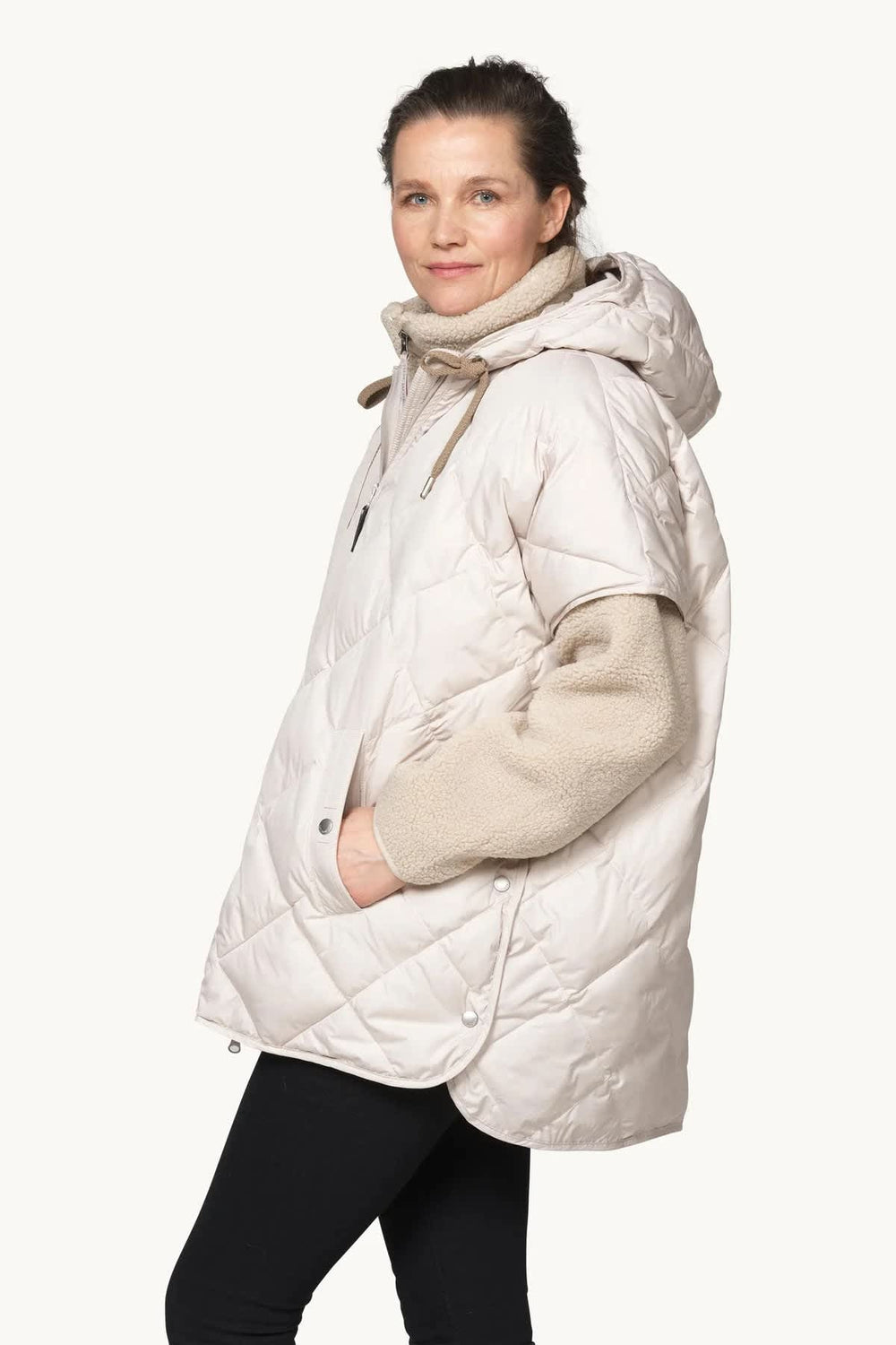 Ilse Jacobsen women's hooded quilted cape, front view